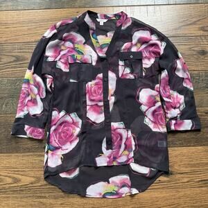 Candie’s Sheer Floral Button Up Blouse Black Pink Rose Print High Low Hem Sz S